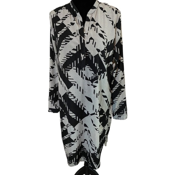 Halogen midi shirt dress henley collar L/S size M bl/wh geo print with tie belt - Picture 1 of 9